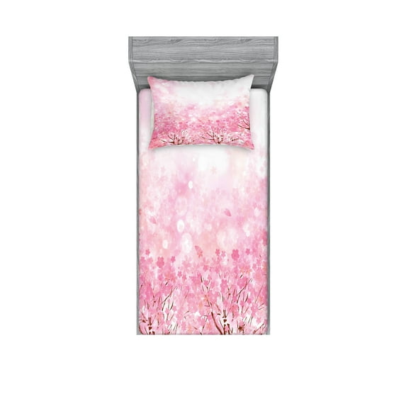 Ambesonne Pale Pink Fitted Sheet & Pillow Sham Set, Romatic Sakura Tree, Twinxl, Pale Pink