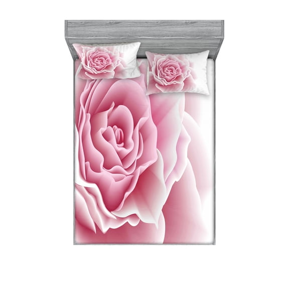 Ambesonne Pale Pink Fitted Sheet & Pillow Sham Set, Rose Petals Beauty, King, Pale Pink White