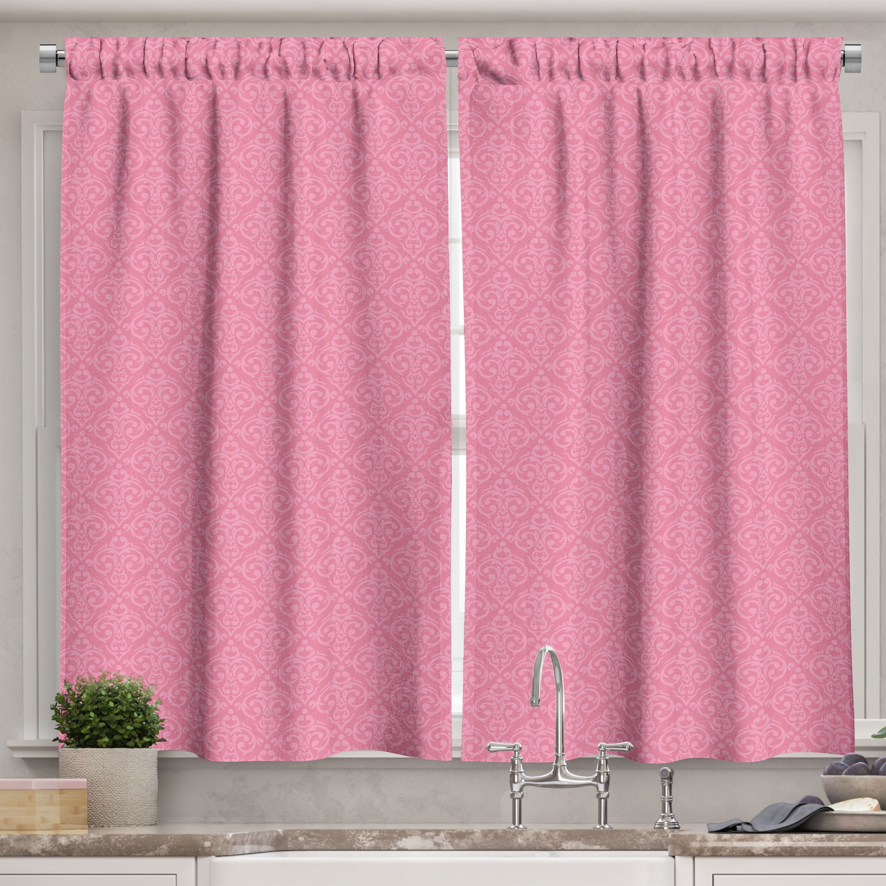 Ambesonne Pale Pink Kitchen Curtains, Rococo Style Damask, 55"x39 ...