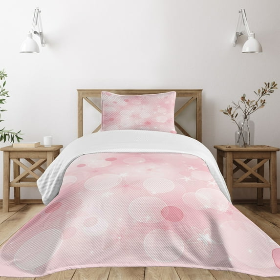 Ambesonne Pale Pink Quilted Bedspread Set 2 Pcs, Floral Spots, Twin Size, Pale Pink
