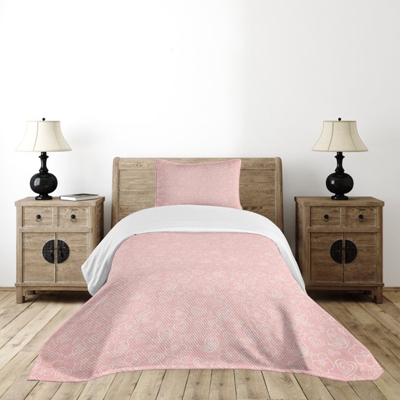 Ambesonne Pale Pink Quilted Bedspread Set 2 Pcs, Flowers Spiral, Twin Size, Coral White