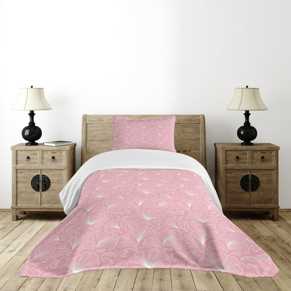 Ambesonne Pale Pink Quilted Bedspread Set 2 Pcs, Ornate Floral Lines, Twin Size, White