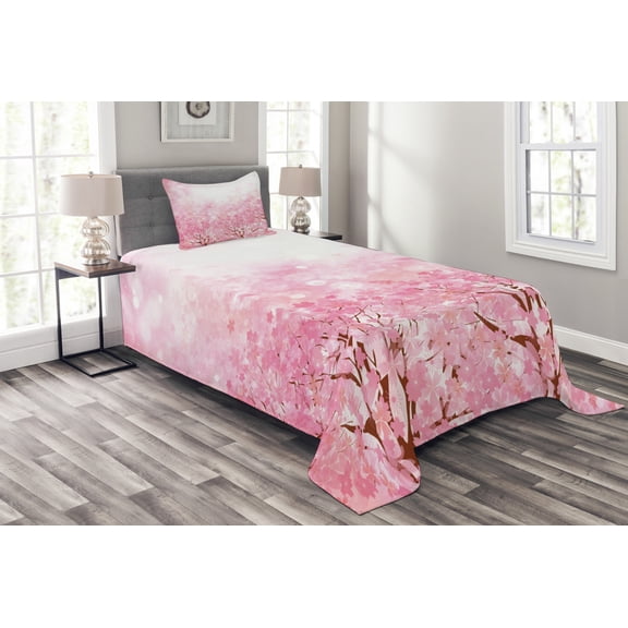 Ambesonne Pale Pink Quilted Bedspread Set 2 Pcs, Romatic Sakura Tree, Twin Size, Pale Pink