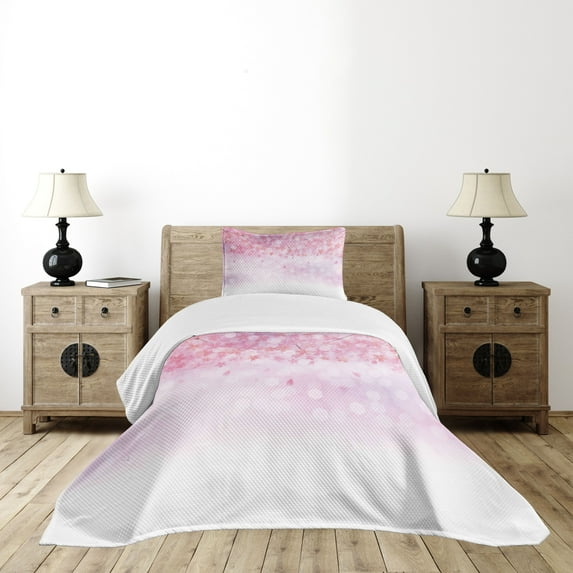 Ambesonne Pale Pink Quilted Bedspread Set 2 Pcs, Sakura Bloom Florets, Twin Size, Pale Pink White