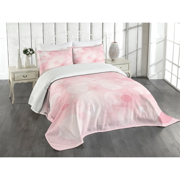 Ambesonne Pale Pink Quilted Bedspread Set 3 Pcs, Floral Spots, King Size, Pale Pink