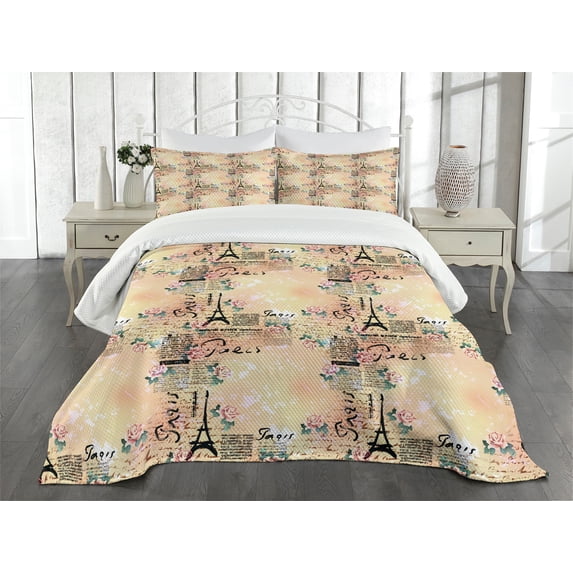 Ambesonne Pale Pink Quilted Bedspread Set 3 Pcs, French Lettering, King Size, Blue Black and Pale Pink