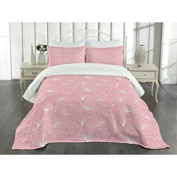 Ambesonne Pale Pink Quilted Bedspread Set 3 Pcs, Ornate Floral Lines, King Size, White