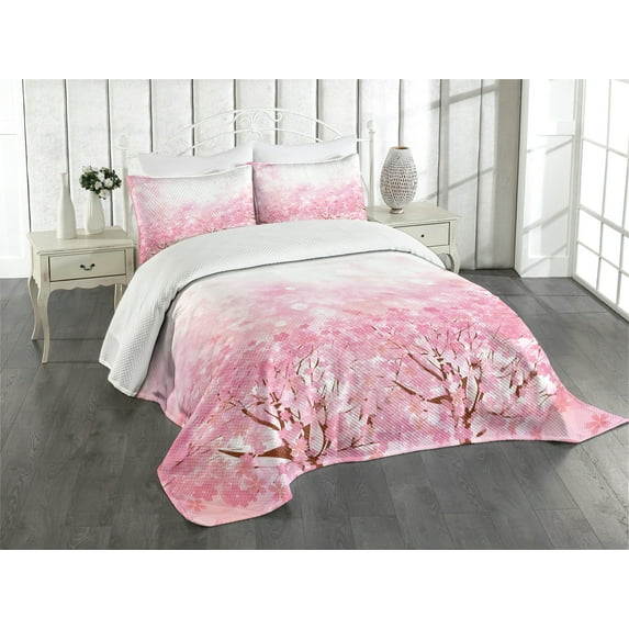 Ambesonne Pale Pink Quilted Bedspread Set 3 Pcs, Romatic Sakura Tree, King Size, Pale Pink