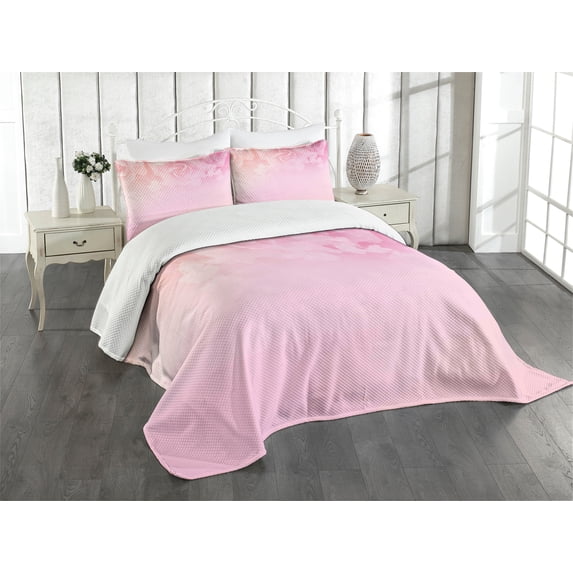 Ambesonne Pale Pink Quilted Bedspread Set 3 Pcs, Roses Bridal Art, King Size, Coral