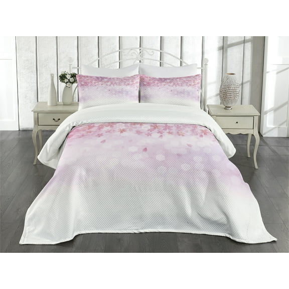 Ambesonne Pale Pink Quilted Bedspread Set 3 Pcs, Sakura Bloom Florets, King Size, Pale Pink White
