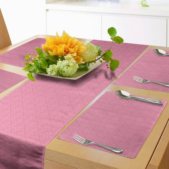 Ambesonne Pale Pink Table Runner & Placemats, Rococo Style Damask, Placemat 4 pcs + Runner 14"x90", Pink Pale Pink