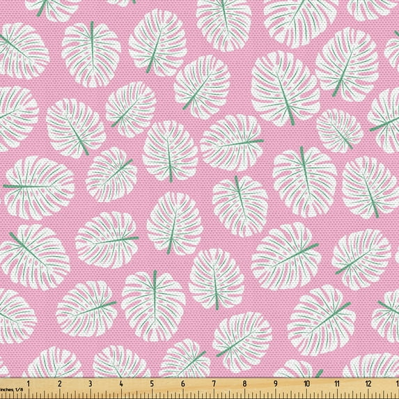 Ambesonne Palm Fabric by the Yard Upholstery, Repeating Monsteras Retro Art, 2 Yards, Soft Pink White Green