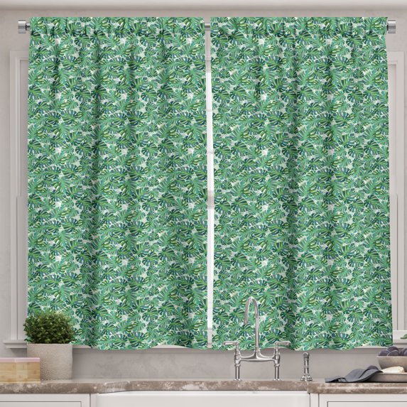 Ambesonne Palm Kitchen Curtains, Abstract Monstera Leaves Art, 55"x39", Forest Green and Dark Teal