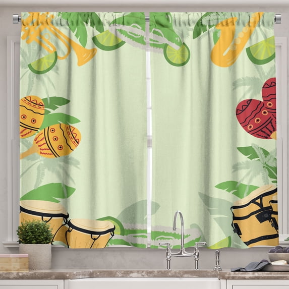 Ambesonne Palm Kitchen Curtains, Guitar Cuban Tres Tropical, 55"x30", Pale Green Earth Yellow