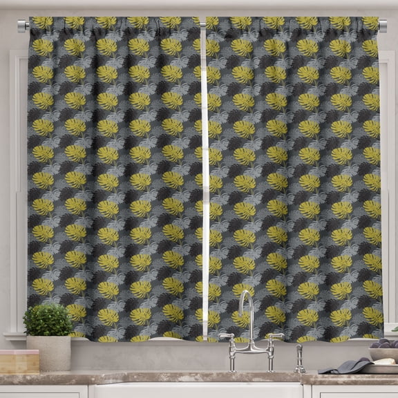 Ambesonne Palm Kitchen Curtains, Monstera Leaves Monochrome Art, 55"x24", Pale Coffee and Dark Grey