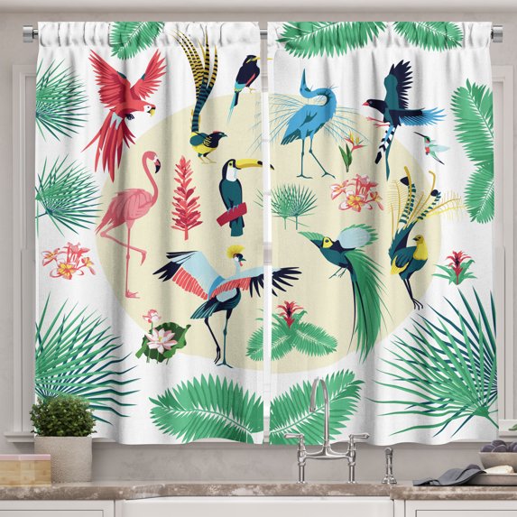 Ambesonne Palm Kitchen Curtains, Tropical Flowers Birds Leaves, 55"x30", Shamrock Green Pale Ruby