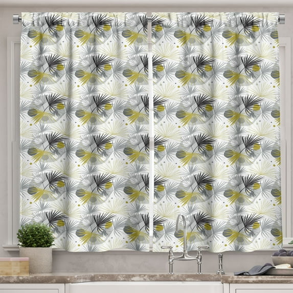 Ambesonne Palm Kitchen Curtains, Tropical Leaves Circular Shape, 55"x24", Dark Yellow Pale Grey