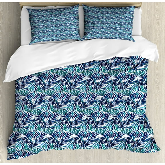 Ambesonne Palm Leaf Duvet Cover Set, Tropical Nature Exotic, Calking, Turquoise Navy Blue