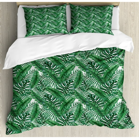 Ambesonne Palm Leaf Duvet Cover Set, Watercolor Jungle, 2-Calking, Forest Green and White