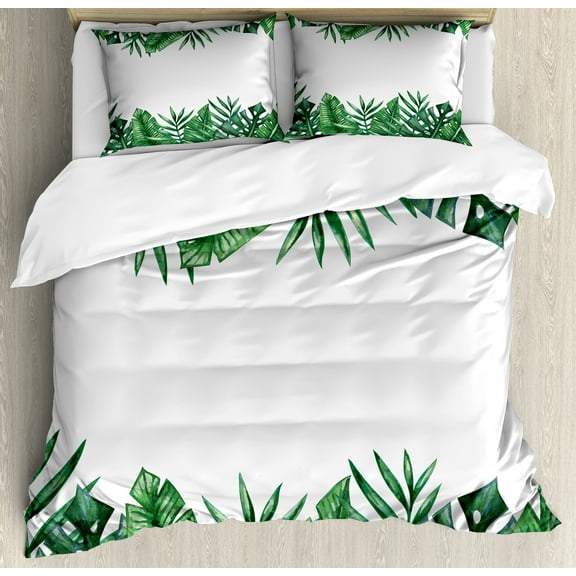 Ambesonne Palm Leaf Duvet Cover Sets, Forest Leaves Frame, 2-Queen, Hunter Green