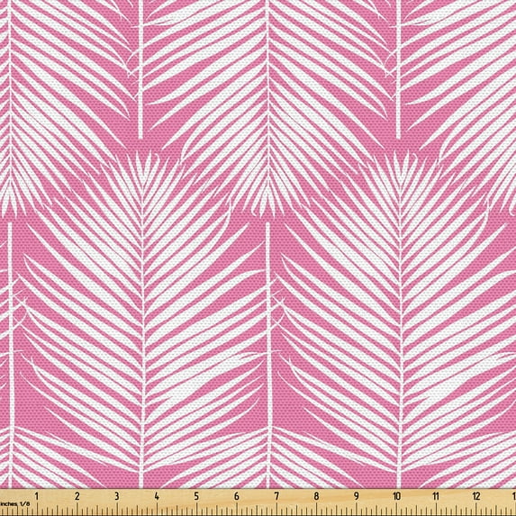 Ambesonne Palm Leaf Fabric by the Yard Upholstery, Pink Tropic Leaves Exotic, 5 Yards, Pink and White
