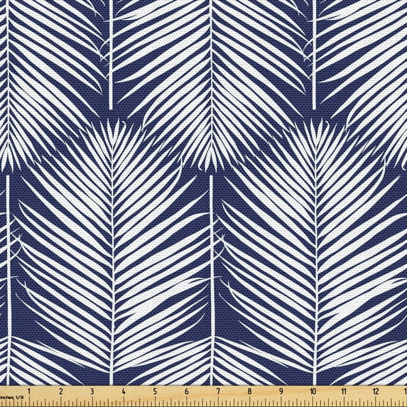 Ambesonne Palm Leaf Fabric by the Yard Upholstery, Navy Tropic Leaves Exotic, 5 Yards, Navy Blue White