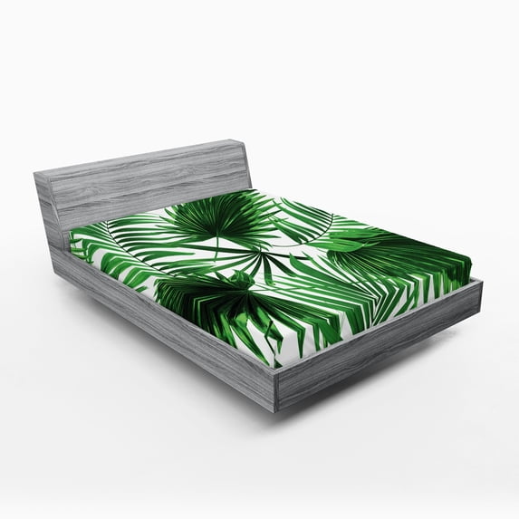 Ambesonne Palm Leaf Fitted Sheet 2 Pcs Set, Vivid Leaves Growth, Queen, Fern Green White