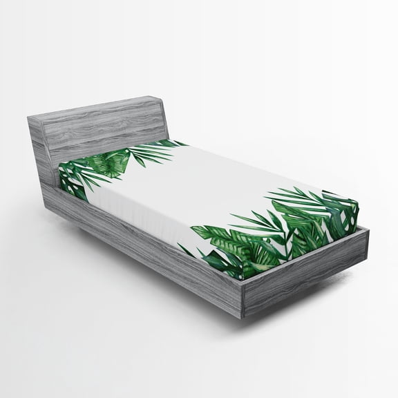 Ambesonne Palm Leaf Fitted Sheet, Forest Leaves Frame, Twin Size, Hunter Green