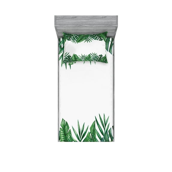 Ambesonne Palm Leaf Fitted Sheet & Pillow Sham Set, Forest Leaves Frame, Twin, Hunter Green