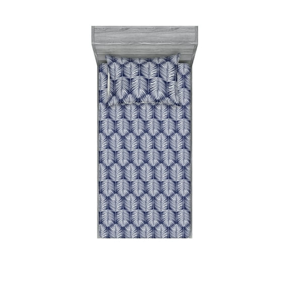 Ambesonne Palm Leaf Fitted Sheet & Pillow Sham Set, Navy Tropic Leaves Exotic, Twinxl, Navy Blue White