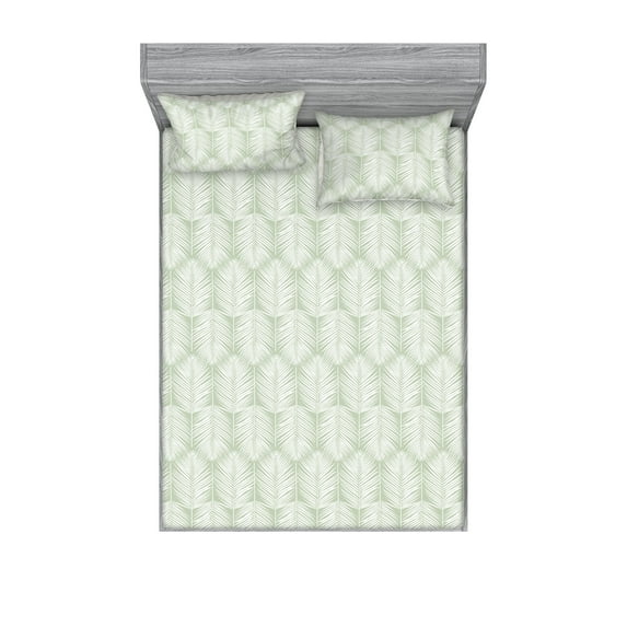 Ambesonne Palm Leaf Fitted Sheet & Pillow Sham Set, Pale Green Leaves Exotic, King, Pale Green White
