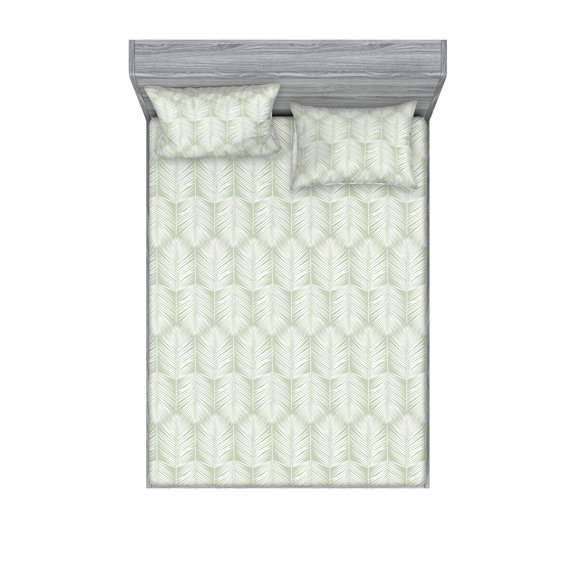 Ambesonne Palm Leaf Fitted Sheet & Pillow Sham Set, Pale Green Leaves Exotic, King, Pale Green White