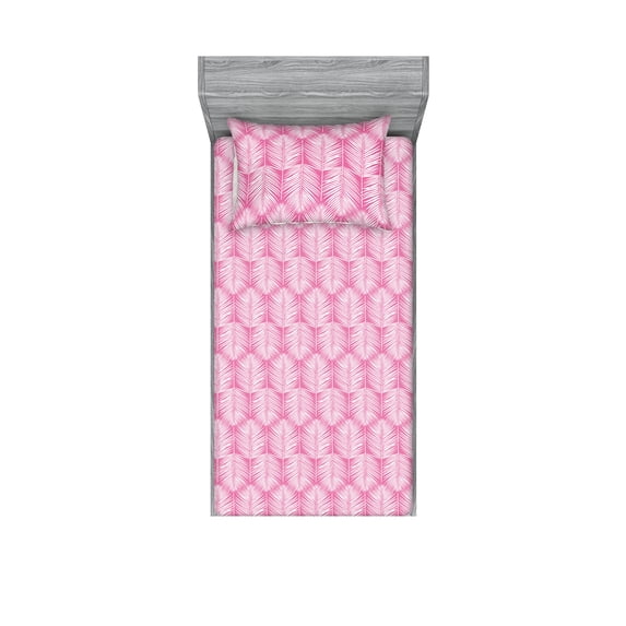 Ambesonne Palm Leaf Fitted Sheet & Pillow Sham Set, Pink Tropic Leaves Exotic, Twinxl, Pink and White