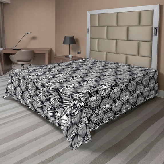 Ambesonne Palm Leaf Flat Bedding Sheet Soft Top Sheet, Monochrome Leaves Exotic, King, Black and White