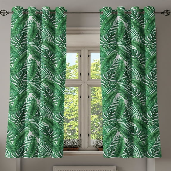 Ambesonne Palm Leaf Grommet Curtain, Watercolor Jungle, 50" x 63", Forest Green and White
