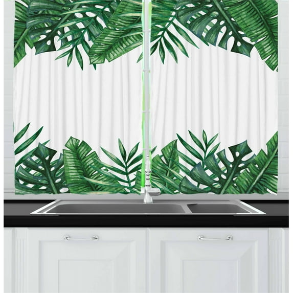 Ambesonne Palm Leaf Kitchen Curtains, Forest Leaves Frame, 55"x45", Hunter Green