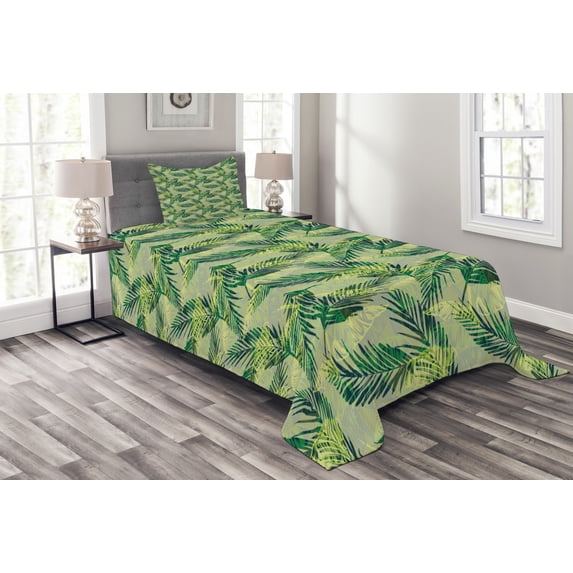 Ambesonne Palm Leaf Quilted Bedspread Set 2 Pcs, Rainforest Foliage, Twin Size, Green Apple Green