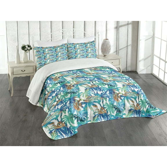Ambesonne Palm Leaf Quilted Bedspread Set 3 Pcs, Abstract Nature Dream, King Size, Blue Mint Green Orange