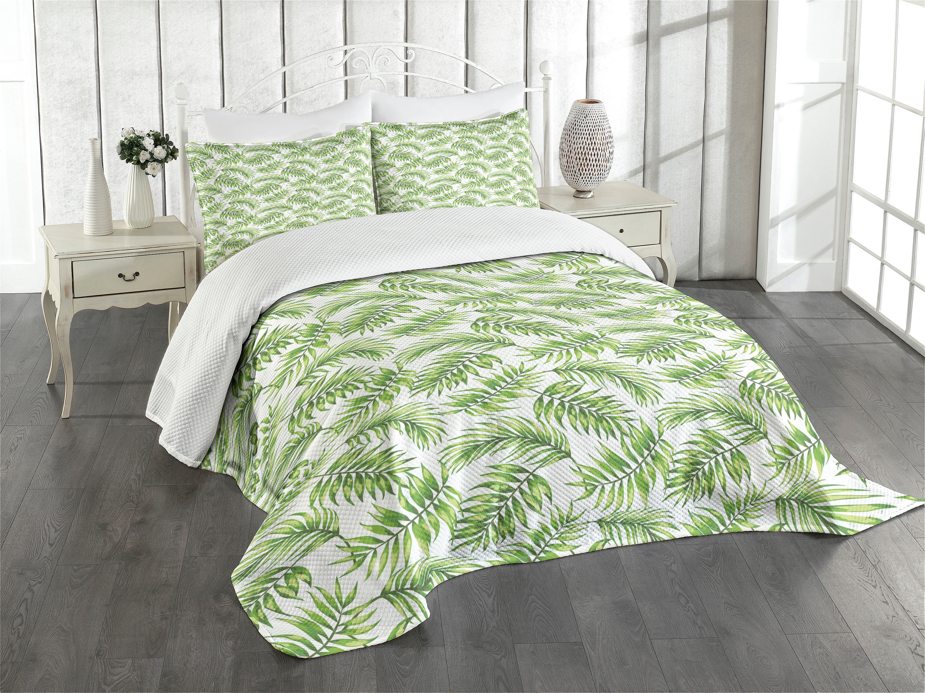 Ambesonne Palm Leaf Quilted Bedspread Set 3 Pcs, Exotic Tree Hawaiian