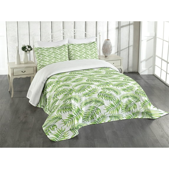 Ambesonne Palm Leaf Quilted Bedspread Set 3 Pcs, Exotic Tree Hawaiian, King Size, Fern Green