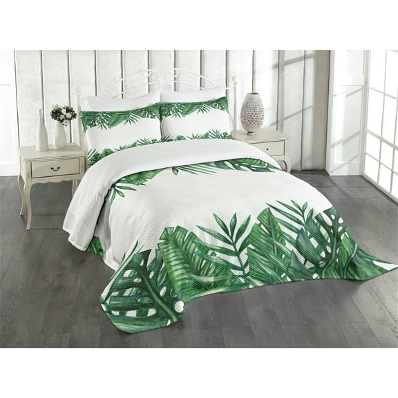 Ambesonne Palm Leaf Quilted Bedspread Set 3 Pcs, Forest Leaves Frame, King Size, Hunter Green