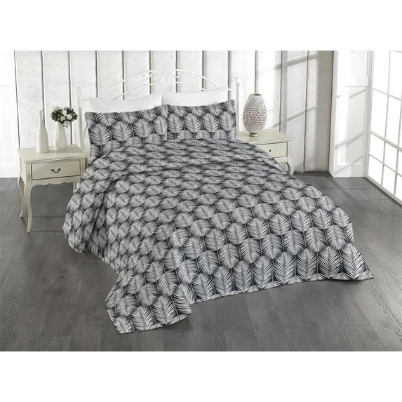 Ambesonne Palm Leaf Quilted Bedspread Set 3 Pcs, Monochrome Leaves Exotic, Queen, Black and White