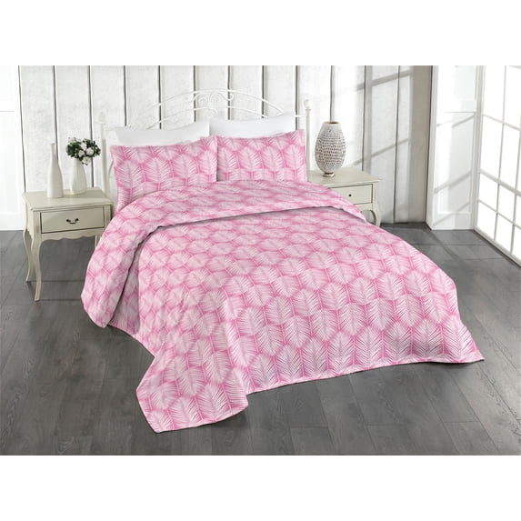 Ambesonne Palm Leaf Quilted Bedspread Set 3 Pcs, Pink Tropic Leaves Exotic, Queen, Pink and White