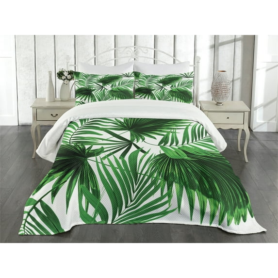 Ambesonne Palm Leaf Quilted Bedspread Set 3 Pcs, Vivid Leaves Growth, Queen Size, Fern Green White