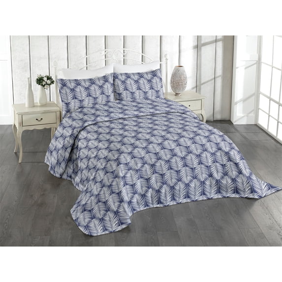Ambesonne Palm Leaf Quilted Coverlet 3 Pcs, Navy Tropic Leaves Exotic, Queen Size, Navy Blue White