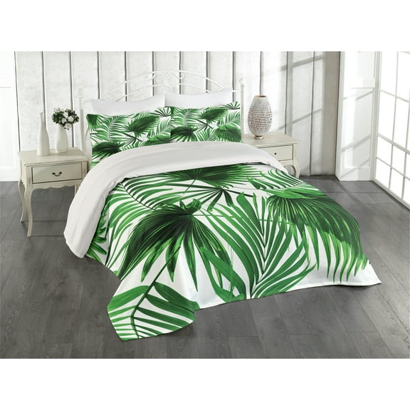 Ambesonne Palm Leaf Quilted Coverlet 3 Pcs, Vivid Leaves Growth, King Size, Fern Green White
