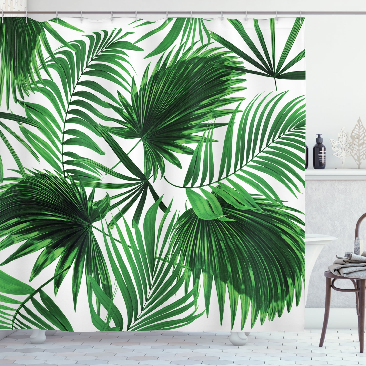 Fern Green and White Palm Leaf Fabric Shower Curtain, 69" W x 84" L