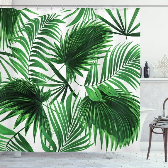 Ambesonne Palm Leaf Shower Curtain, Vivid Leaves Growth, 69"Wx84"L, Fern Green White