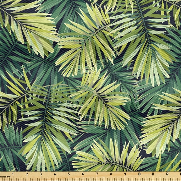 Ambesonne Palm Leaves Fabric by the Yard Upholstery, Tropical Greenery Print, 2 Yards, Emerald Apple Green