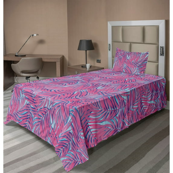 Ambesonne Palm Pattern Fitted & Flat Sheet with Sham 3 Pcs Set, Exotic Summer Bicolor, Twin XL, Pink and Pale Sky Blue